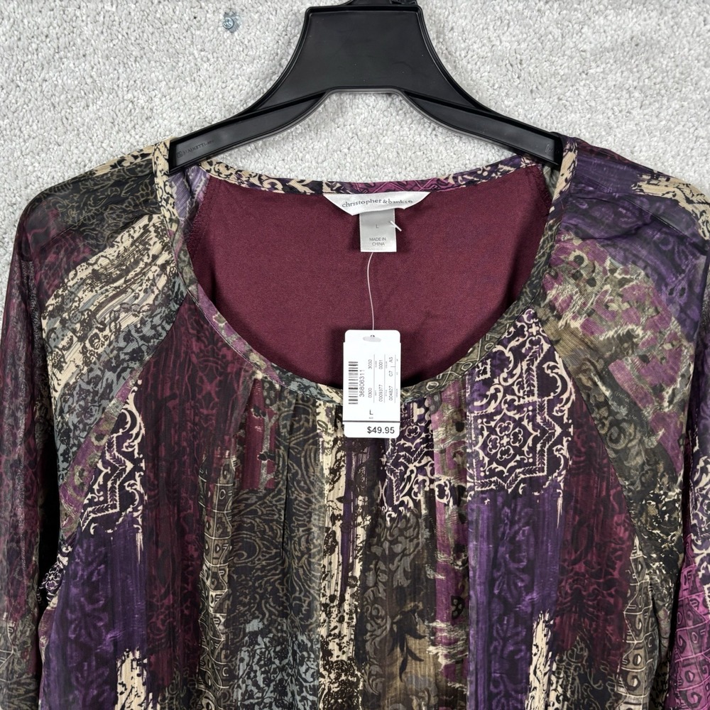 Christopher Banks Womens Shirt Multicolor Top Blouse Elastic Waist Scoop L